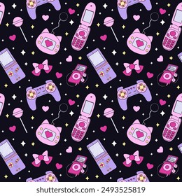 gamer girl seamless pattern. nostalgia y2k background.