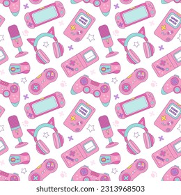 Gamer girl set of kawaii style elements. Vector seamless pattern. Vintage pink 90s Games