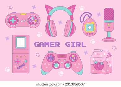 Gamer girl set of kawaii style elements. Vintage pink 90s Games. Vector illustration, joystick, tamagotchi, headphones, gamepad