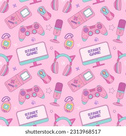 Gamer girl set of kawaii style elements. Vector seamless pattern. Vintage pink 90s Games