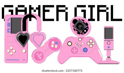 Gamer girl set. Vintage pink 90s Games. Vector illustration, joystick, tamagotchi, headphones, gamepad