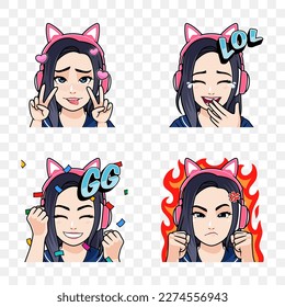 Gamer girl sticker and badges emotion set, Graphic resources for streamer, Gaming vector logo character