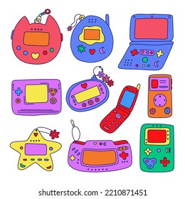 Gamer Girly kawaii items set. y2k game consoles. 00s lifestyle. old computer technology.90s nostalgia digital pocket pet game. Millennial kid. Kid core template for social media. old web collection