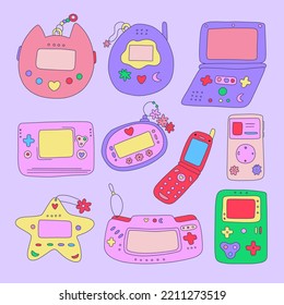 Gamer Girly kawaii items set.y2k game consoles.00s lifestyle.old computer technology.90s Tamagotchi digital pocket pet game. Millennial kid.Kidcore template for social media.old web collection
