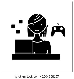 Gamer glyph icon.Woman plays interactive games, especially video games, tabletop role-playing. Having laptop. Enjoying process.Successful woman.Filled flat sign.Isolated silhouette vector illustration