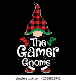The Gamer Gnome, Christmas Gnome, Plaid pattern, Joystick, Merry christmas print template, holiday design  