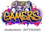 Gamer graffiti background vector wall art illustration. Retro video game elements in graffiti style