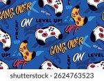 Gamer graffiti  seamless pattern on blue background with game pad vector illustration, pixel camouflage print, street art style words. Game pads seamless pattern.