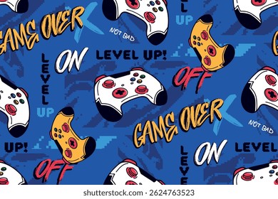 Gamer graffiti  seamless pattern on blue background with game pad vector illustration, pixel camouflage print, street art style words. Game pads seamless pattern.
