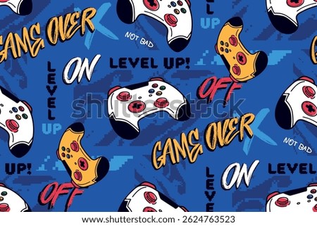 Gamer graffiti  seamless pattern on blue background with game pad vector illustration, pixel camouflage print, street art style words. Game pads seamless pattern.
