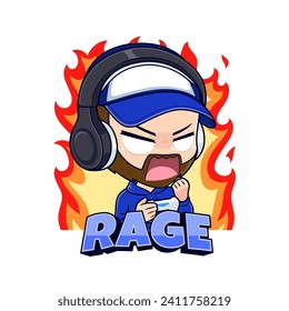 Gamer guy angry emotion cartoon character mascot logo vector