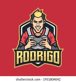 Gamer guy who is playing games on a smartphone. Mobile gaming mascot logo template.