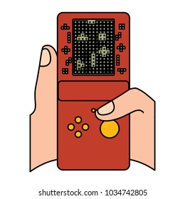 gamer hand holding console with tetris game on screen