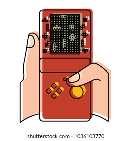 gamer hand holding console with tetris game on screen