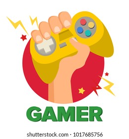 Gamer Hand With Joy Stick Vector. Game Concept. Video Game Console, Controller Symbol, Gamepad. Isolated Flat Cartoon Illustration