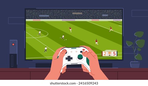 Manos de jugador con controlador de consola. Manos sujetando joystick, el hombre está jugando simulador de fútbol, frente de la pantalla del hombre, videojuego deportivo, dibujos animados de estilo plano aislado hoy en día concepto de vector