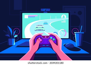 Gamer hands holding console in front of screen vector illustration. Teenager playing car racing flat style. Game, fun, entertainment concept