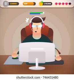 Gamer in headphone using computer for playing games with game interface. A man play the computer game. E-sport player. Character in a flat design, Vector illustration.