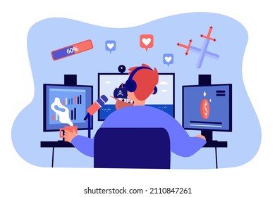 Gamer With Headphones Playing Online Battle Video Game. Teen Sitting At Computer Monitors Flat Vector Illustration. Multiplayer, Cyber Sports Concept For Banner, Website Design Or Landing Web Page