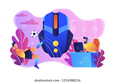 Jogador com fone de ouvido no computador que participa de torneio de futebol online. Jogos esportivos, torneio de futebol online, conceito de campeonato de e-game. Ilustração isolada de vetor violeta vibrante brilhante