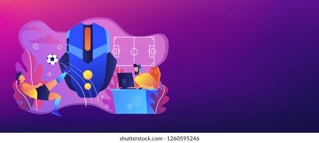 Gamer with headset at computer taking part in online footbal tournament. Sports games, online footbal tournament, e-game championship concept. Header or footer banner template with copy space.
