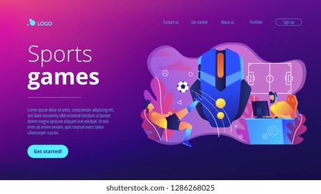 Gamer with headset at computer taking part in online footbal tournament. Sports games, online footbal tournament, e-game championship concept. Website vibrant violet landing web page template.