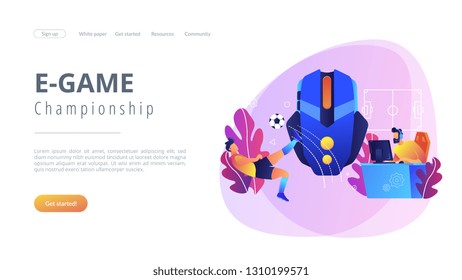 Gamer with headset at computer taking part in online footbal tournament. Sports games, online footbal tournament, e-game championship concept. Website vibrant violet landing web page template.