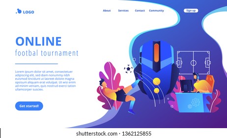 Gamer with headset at computer taking part in online footbal tournament. Sports games, online footbal tournament, e-game championship concept. Website vibrant violet landing web page template.