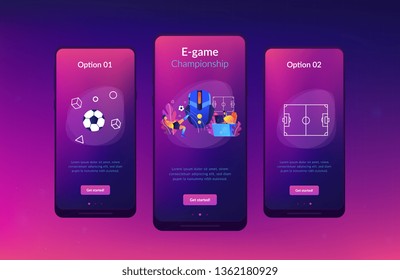 Gamer with headset at computer taking part in online footbal tournament. Sports games, online footbal tournament, e-game championship concept. Mobile UI UX GUI template, app interface wireframe