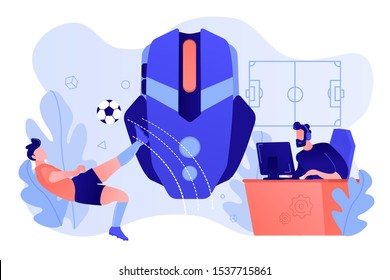 Gamer with headset at computer taking part in online footbal tournament. Sports games, online footbal tournament, e-game championship concept. Pinkish coral bluevector isolated illustration