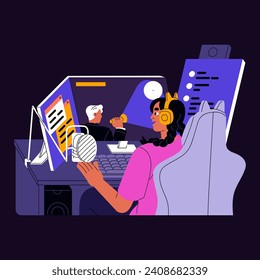 Gamer in headset plays video games back view. Professional streamer in computer chair communicates in online chat. Cute girl records gaming podcast, streaming. Flat isolated vector illustration