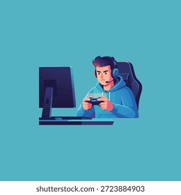 Gamer sosteniendo el icono del controlador de diseño de Vector plano.
