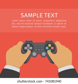 Gamer holding game controller. Gamepad or joystick in the hands of men. Man playing video games. Gaming in game console concept. Vector illustration in flat style. EPS 10.