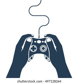 Gamer holding in hand gamepad, isolated black icon on white background. Vector illustration flat design. Man playing video games.