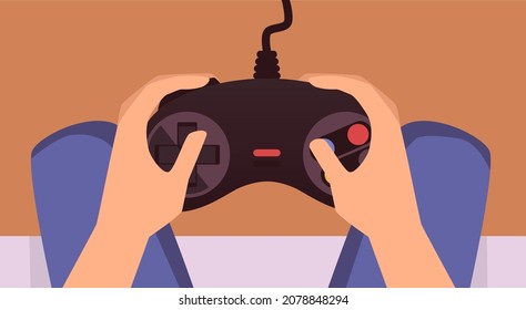Gamer holding in hands console, controller or joystick for play computer video games. Entertainment at leisure or in quarantine. Flat cartoon vector illustration.