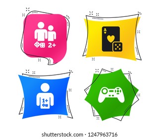 Gamer icons. Board games players signs. Video game joystick symbol. Casino playing card. Geometric colorful tags. Banners with flat icons. Trendy design. Vector