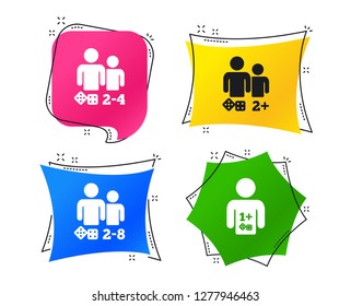 Gamer icons. Board games players sign symbols. Geometric colorful tags. Banners with flat icons. Trendy design. Vector