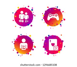 Gamer icons. Board games players signs. Video game joystick symbol. Casino playing card. Gradient circle buttons with icons. Random dots design. Vector
