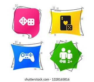 Gamer icons. Board games players signs. Video game joystick symbol. Casino playing card. Geometric colorful tags. Banners with flat icons. Trendy design. Vector