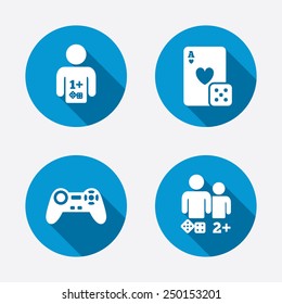 Gamer icons. Board games players signs. Video game joystick symbol. Casino playing card. Circle concept web buttons. Vector