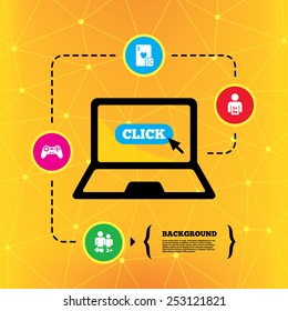 Gamer icons. Board games players signs. Video game joystick symbol. Casino playing card. Notebook device orange background with icons. Vector