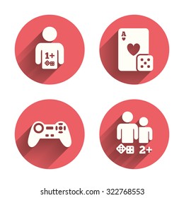 Gamer icons. Board games players signs. Video game joystick symbol. Casino playing card. Pink circles flat buttons with shadow. Vector