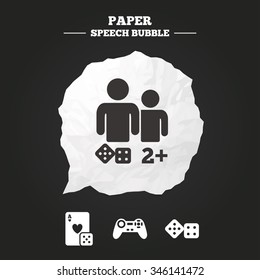 Gamer icons. Board games players signs. Video game joystick symbol. Casino playing card. Paper speech bubble with icon.