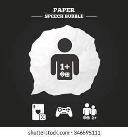 Gamer icons. Board games players signs. Video game joystick symbol. Casino playing card. Paper speech bubble with icon.