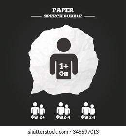 Gamer icons. Board games players sign symbols. Paper speech bubble with icon.