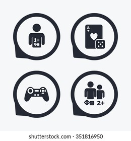 Gamer icons. Board games players signs. Video game joystick symbol. Casino playing card. Flat icon pointers.