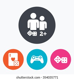 Gamer icons. Board games players signs. Video game joystick symbol. Casino playing card. Circle flat buttons with icon.