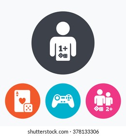 Gamer icons. Board games players signs. Video game joystick symbol. Casino playing card. Circle flat buttons with icon.