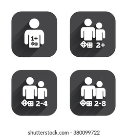 Gamer icons. Board games players sign symbols. Square flat buttons with long shadow.
