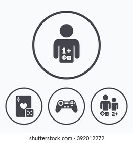 Gamer icons. Board games players signs. Video game joystick symbol. Casino playing card. Icons in circles.